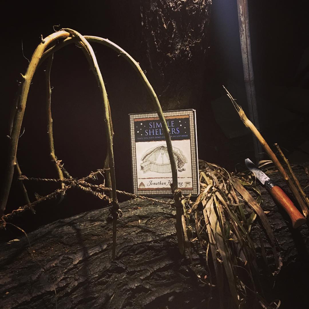 junto al fuego: una tribu de #flashlabís aprovecha los dos olmos del jardín, recientemente tirados por el viento, para levantarse un refugio de arcos a tensión.  Usan las elásticas ramas jóvenes peladas y su propio pellejo vegetal para trenzar unas excepcionales cuerdas enceradas que emplean en las uniones.

Según me cuentan tienen que continuar poniendo arcos a la cúpula para conseguir una estructura semiesférica que aguante los fuertes vientos, como los mongoles con sus yurtas.

Esta familia está constantemente agarrando hojas y tierra que lanzan cada tanto en tanto al viento, a modo de brújula espiritual. Por descontado son muy buenos arqueros. #cabañaymaqueta